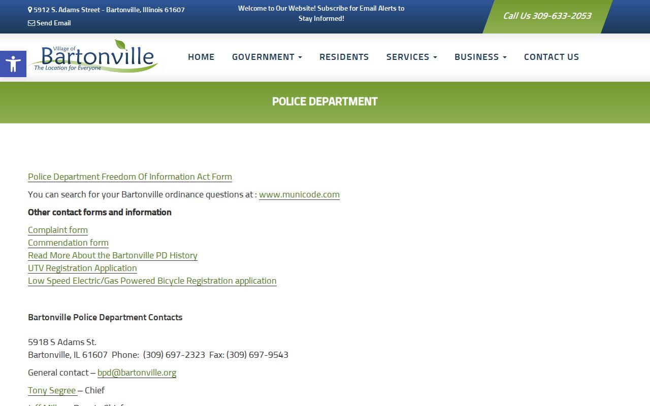 Bartonville Police Department records page for Bartonville arrest records