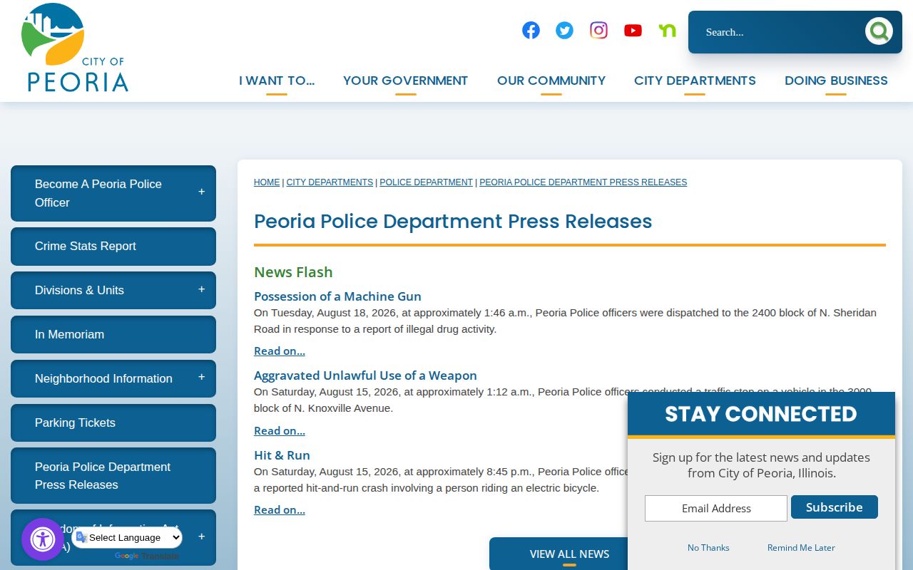 Peoria Police press release page for Peoria arrest coverage