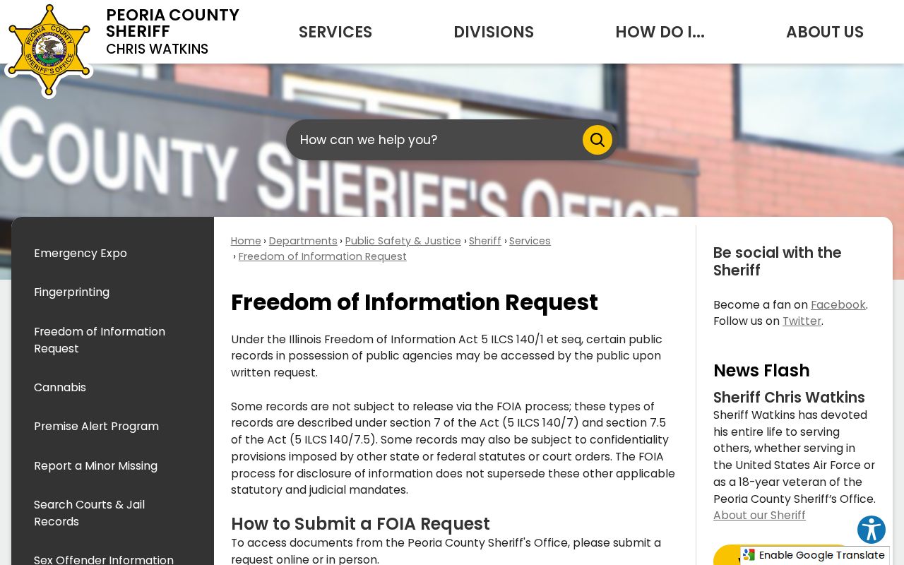 Peoria County FOIA request page for booking records