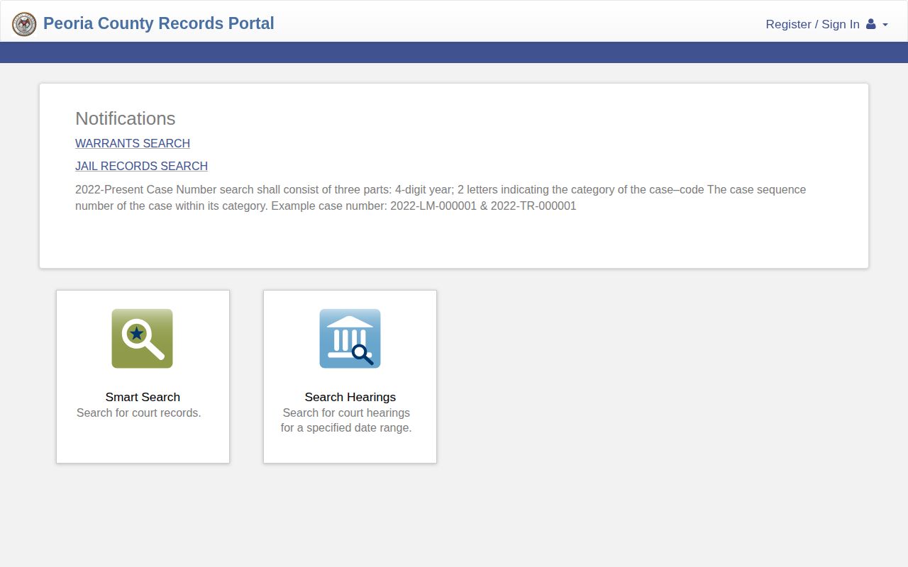 Peoria County Records Portal with jail and warrant search links