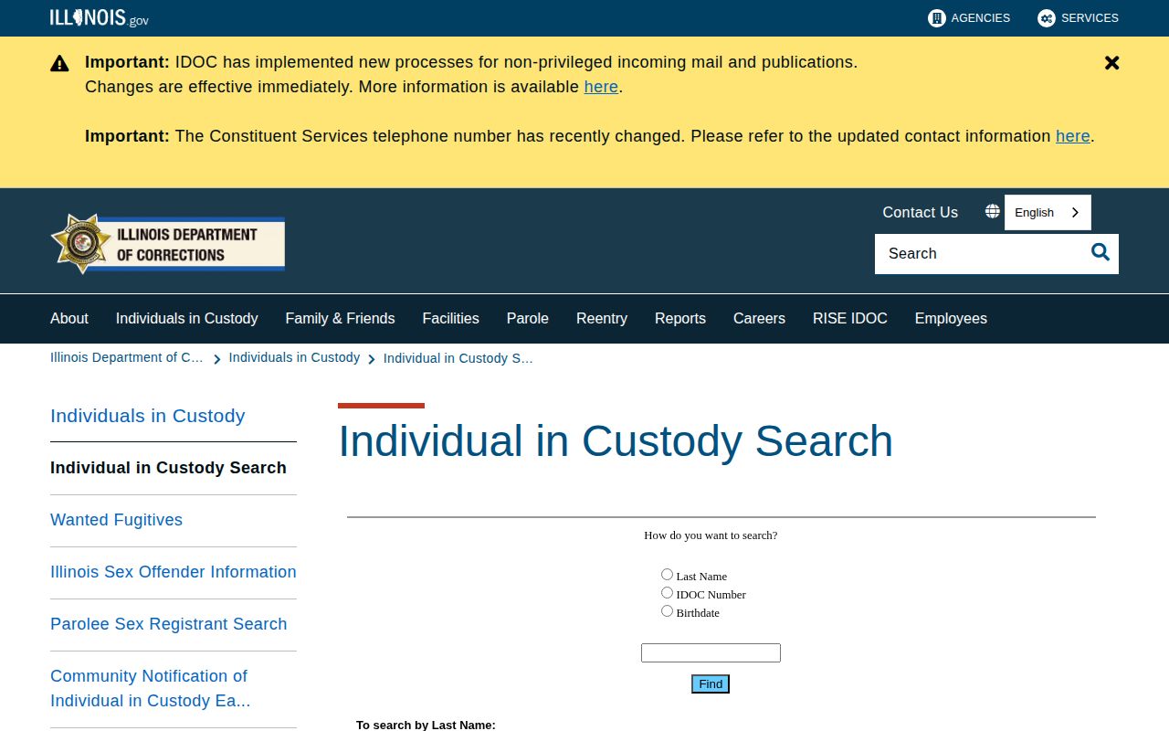 Illinois Department of Corrections Individual in Custody Search fields