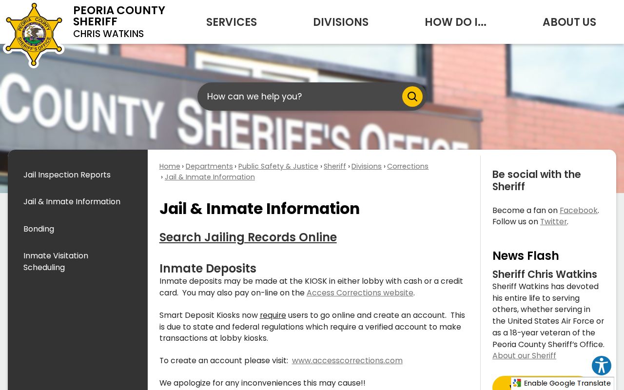 Peoria County Jail and Inmate Information page for jail records