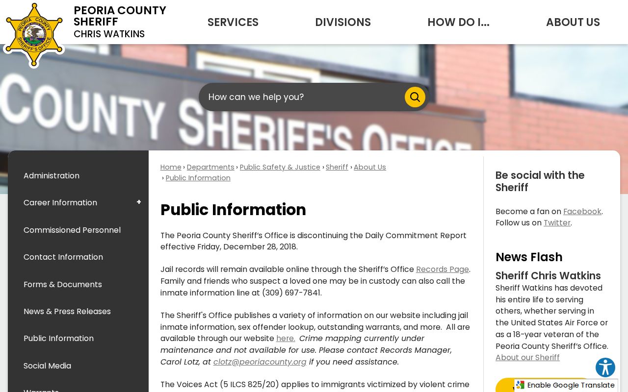 Peoria County Public Information page noting the discontinued Daily Commitment Report