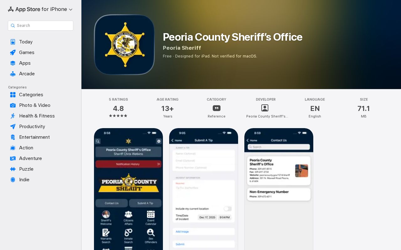 Peoria County Sheriff's Office app listing for public safety alerts, not a jail roster