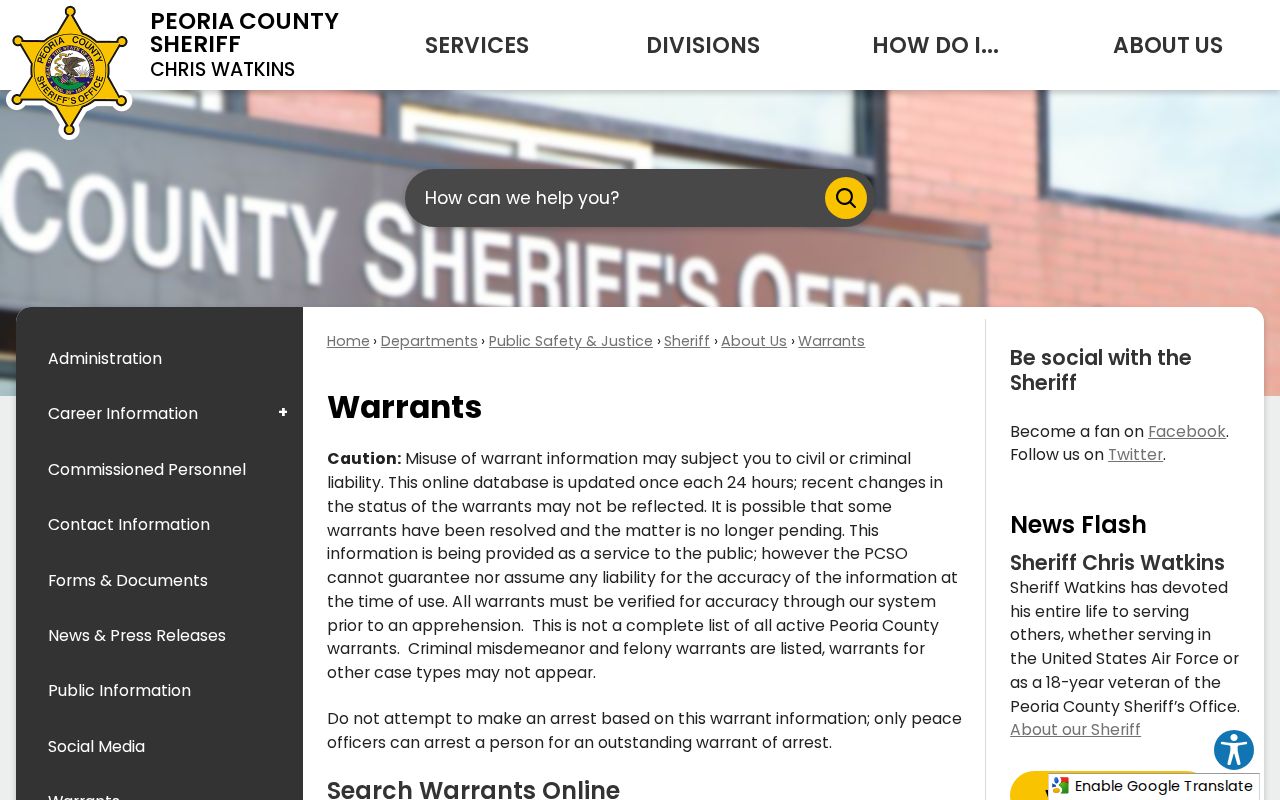 Peoria County warrant page with its update and safety warnings