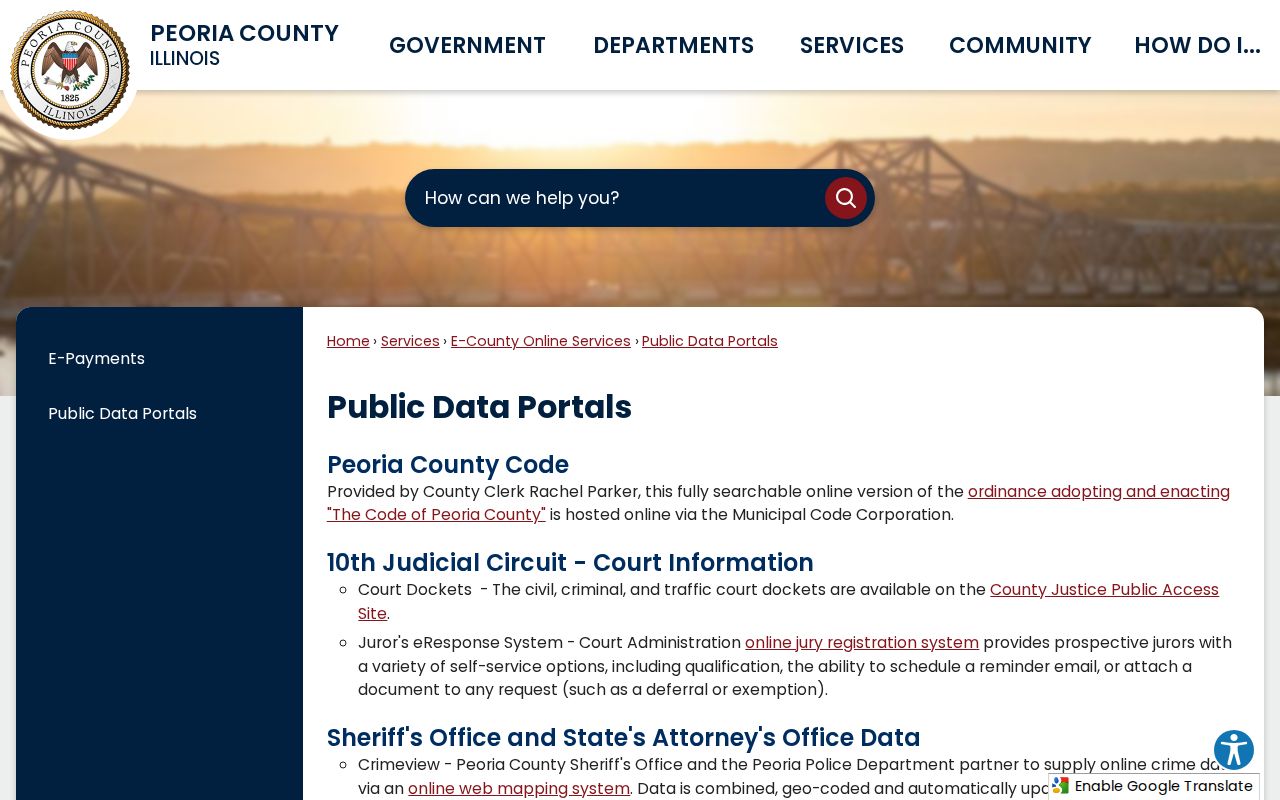 Peoria County Public Data Portals page with wanted and warrant resources